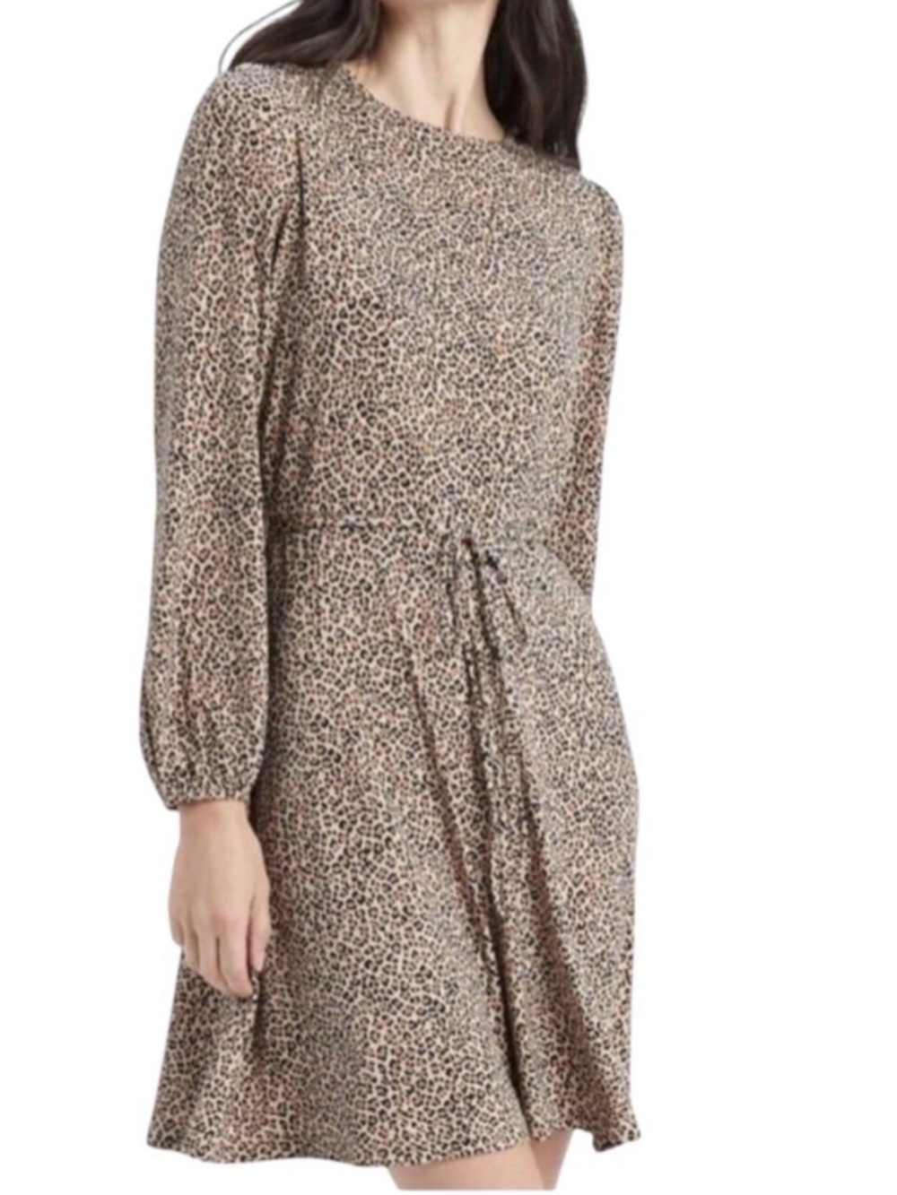 Banana Republic Beige Leopard-Print Long Sleeve Tie-Waist Dress